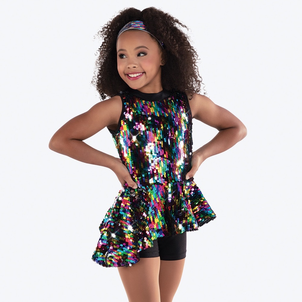 Revolution- “Never look back” Sequin Jazz+tap dress with biketard and headband.